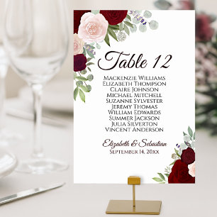 Numéro De Table Burgundy & Roses Rouges Élégante Charte de Mariage