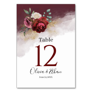 Numéro De Table Burgundy Watercolor Blooms Gold Parties scintillan
