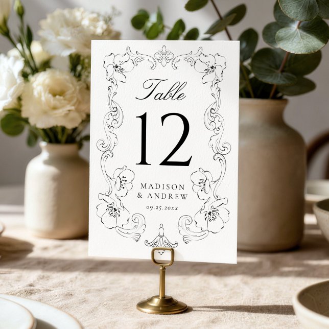 Numéro De Table Cadre de mariage floral orné noir élégant (Créateur téléchargé)