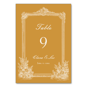 Numéro De Table Cadre de mariage orné vintage jaune moutarde