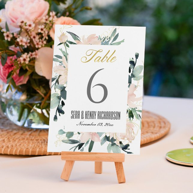 NUMÉRO DE TABLE CADRE FLEURI OR ROSE TENDRE A L'AQUARELLE MARIAGE (Créateur téléchargé)