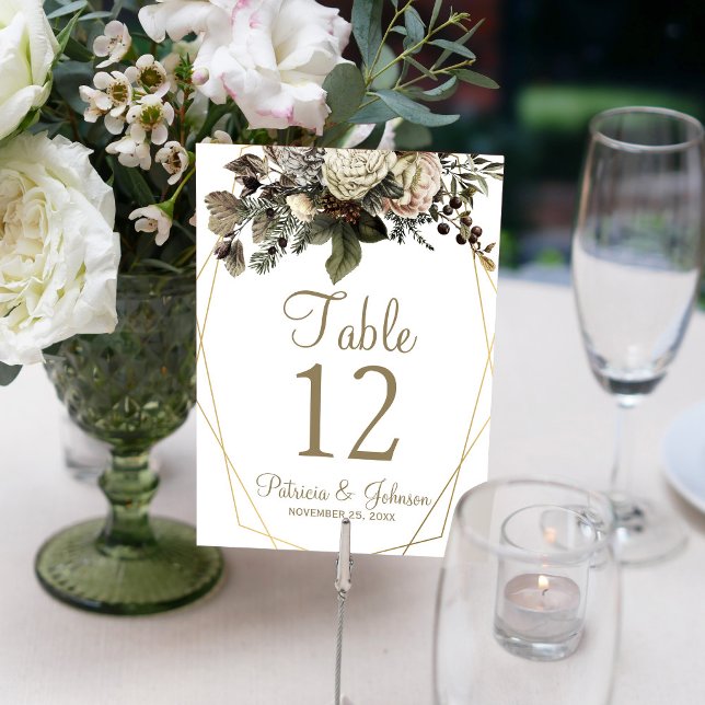 Numéro De Table Cadre géométrique doré hiver floral mariage chic (Créateur téléchargé)