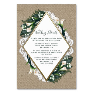Numéro De Table Calla Lily Burlap et Mariage dentelle Insérer des 