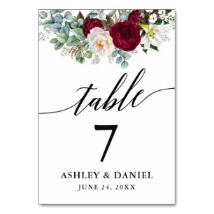 Numéro De Table Calligraphie Aquarelle Bourgogne Floral Mariage