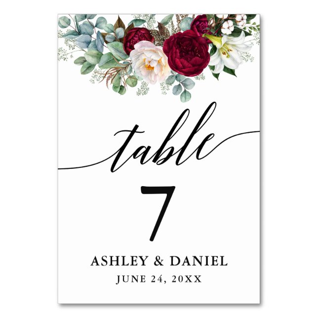 Numéro De Table Calligraphie Aquarelle Bourgogne Floral Mariage (Dos)