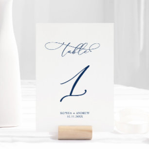 Numéro De Table Calligraphie élégante bleu marine Tableau 1 Mariag