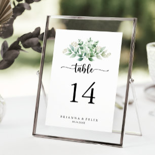 Numéro De Table Calligraphie minimaliste Mariage d'eucalyptus vert