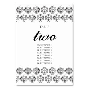 Numéro De Table Calligraphie noir et blanc Vintage Mariage damassé