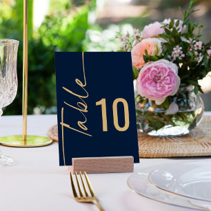 Numéro De Table Calligraphie pivotée Marine Mariage de script d'or