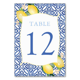 Numéro De Table Carreaux bleu italien Aquarelle Lemons Mariage