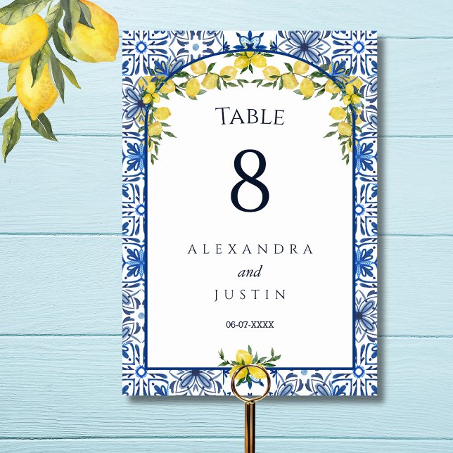 Numéro De Table Carrelage bleu Citron méditerranéen Mariage italie (Créateur téléchargé)