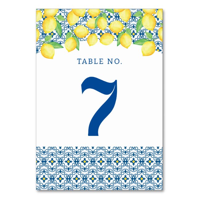 Numéro De Table Carrelage méditerranéen Aquarelle Mariage citron (Dos)