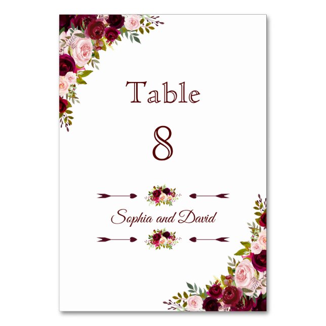 Numéro De Table Chic Burgundy Marsala Floral Mariage NUMÉRO DE TAB (Par défaut)