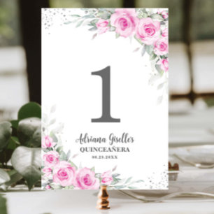Numéro De Table Chic rose floral argent Quinceañera XV Sweet 16