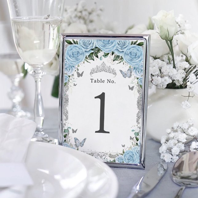 Numéro De Table Chic Sky Blue Floral Argent Anniversaire Quinceane (Créateur téléchargé)