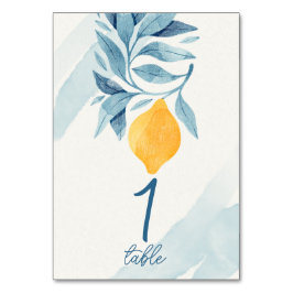 Numéro De Table Citron avec illustration botanique feuille bleue