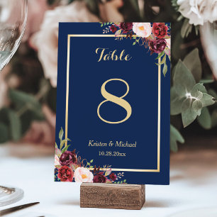 Numéro De Table Classy Burgundy Floral Gold Navy Blue Table Numéro