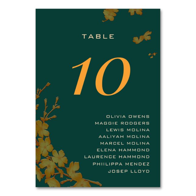Numéro De Table Classy Emerald Green Gold Floral Noms d'hôtes (Par défaut)