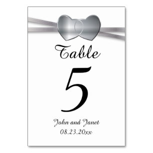 Numéro De Table Coeurs d'amour Mariage blanc et argent classique