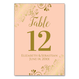 Numéro De Table Coral Peach & Gold Lace Élégant Mariage de frilly