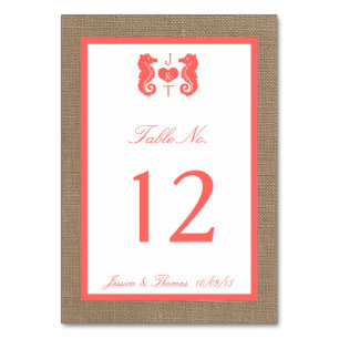 Numéro De Table Coral Seahorse Burlap Beach Wedding Collection