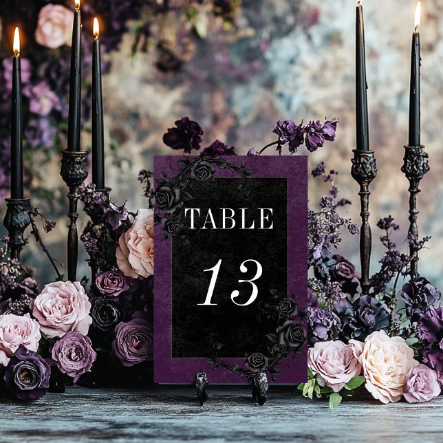 Numéro De Table Corbeau noir gothique et Rose noir Mariage violet (Créateur téléchargé)