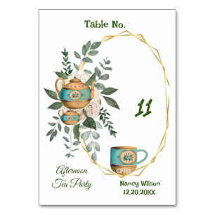 Numéro De Table Cosy Cup Teapot Green Après-midi High Tea Party