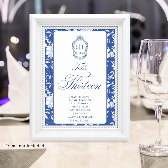 Numéro De Table Crest Monogram Blue Floral Script Thirteen 8 Names (Créateur téléchargé)