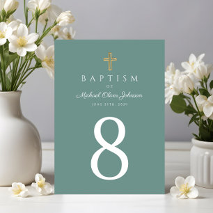 Numéro De Table Croix religieuse verte Baptême de garçon