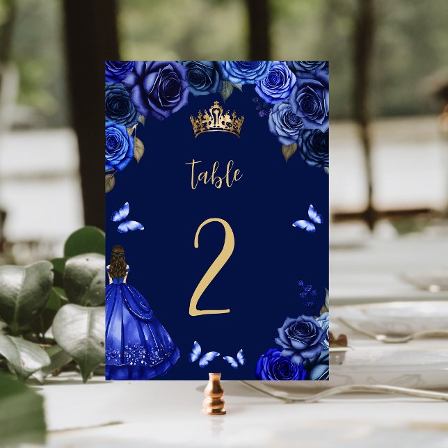 Numéro De Table Dark Royal Blue Gold Floral Princess Quinceañera (Créateur téléchargé)