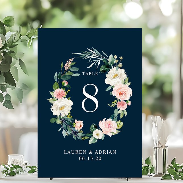 Numéro de table de mariage à couronne florale Navy (Créateur téléchargé)