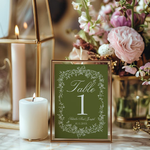 Numéro de table de mariage à fleurs fantaisie vert