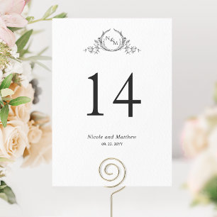 Numéro de table de mariage à monogramme noir et bl