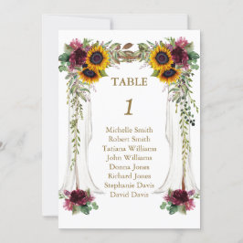Numéro de table de mariage aux tournesols sous la