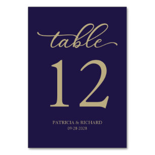 Numéro de table de mariage bleu marine or écriture