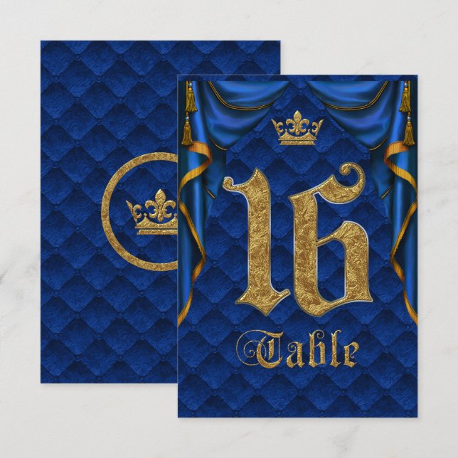 Numéro de table de mariage Couronne d'or Bleu Roya (Devant / Derrière)