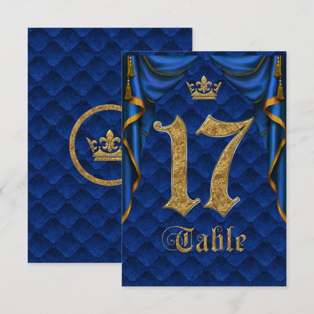 Numéro de table de mariage Couronne d'or Bleu Roya (Devant / Derrière)