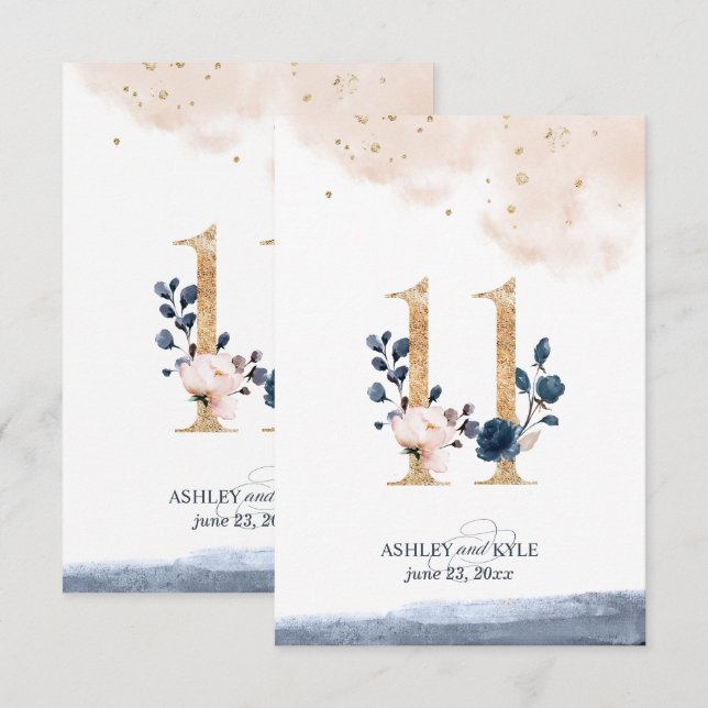 Numéro de table de mariage en bleu marine, rose bl (Devant / Derrière)