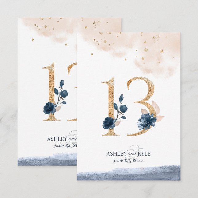 Numéro de table de mariage en bleu marine, rose bl (Devant / Derrière)