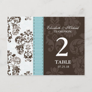 Numéro de table de mariage en damas bleu et marron