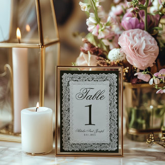 Numéro de table de mariage en dentelle noir et bla