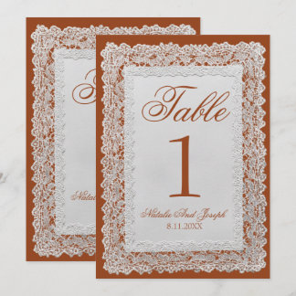 Numéro de table de mariage en dentelle orange brûl