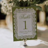 Numéro de table de mariage en dentelle vert olive