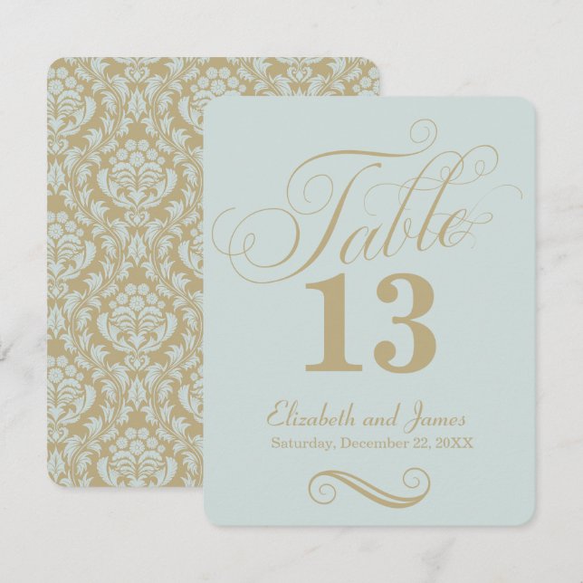 Numéro de table de mariage en or bleu moderne écri (Devant / Derrière)
