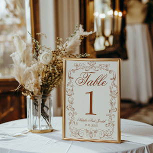 Numéro de table de mariage en orange brûlé rétro à