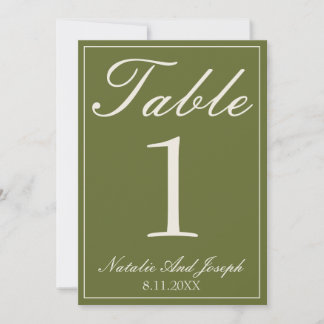 Numéro de table de mariage en vert olive chocolat
