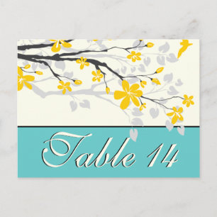 Numéro de table de mariage fleurs jaune turquoise