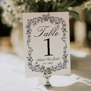 Numéro de table de mariage floral noir et blanc ch