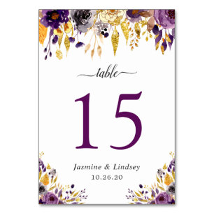 Numéro de table de mariage floral or violet