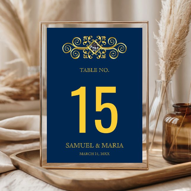 Numéro de table de mariage Navy Blue Gold Flourish (Créateur téléchargé)